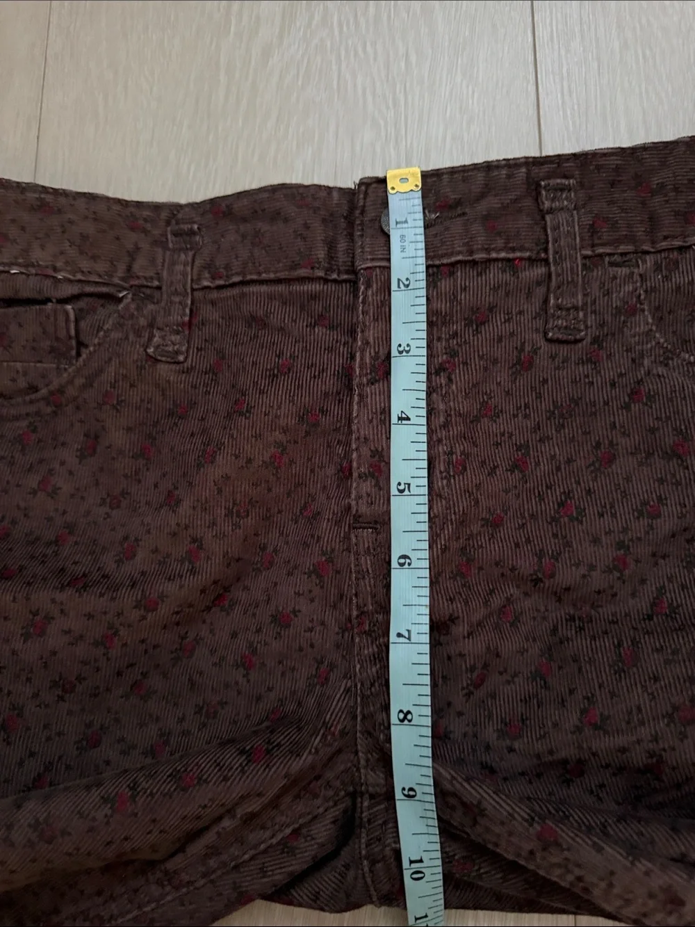 Free People Dark Brown Corduroy Burgundy Floral-Textured Skinny Chinos